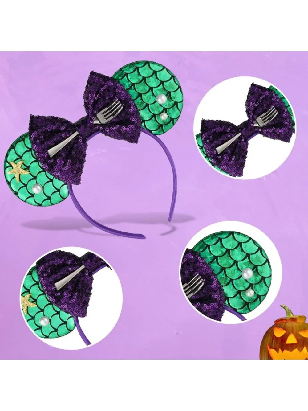 Women Mermaid&Fork Sequin Halloween Mickey Mouse Headband for Cosplay